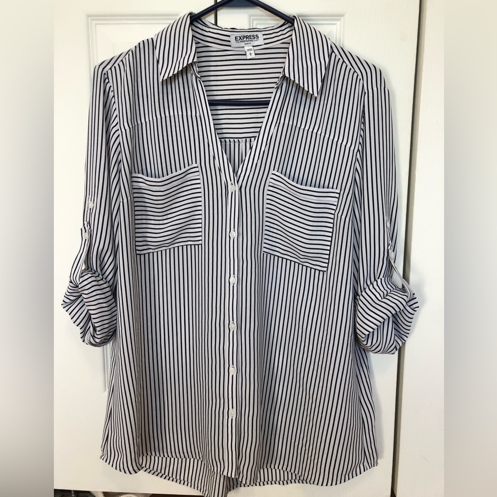 Express Portofino slim fit shirt, size L, black and white striped